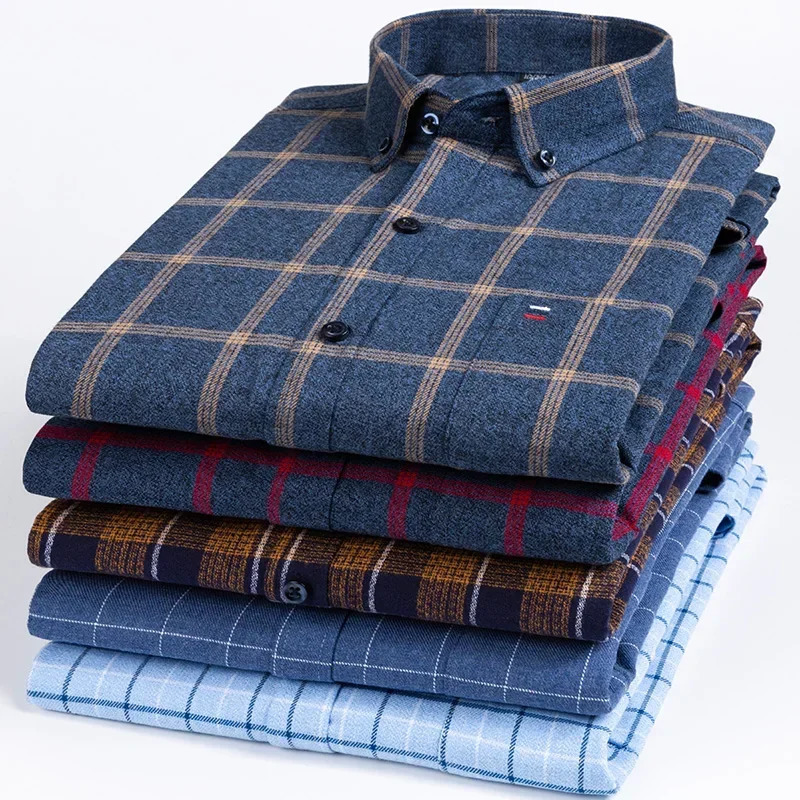 Pure Cotton Men's Plaid Shirt Long Sleeve Regular Fit Men Casual Oversized Shirt Leisure Autumn Male Blouse Plus Size 240112