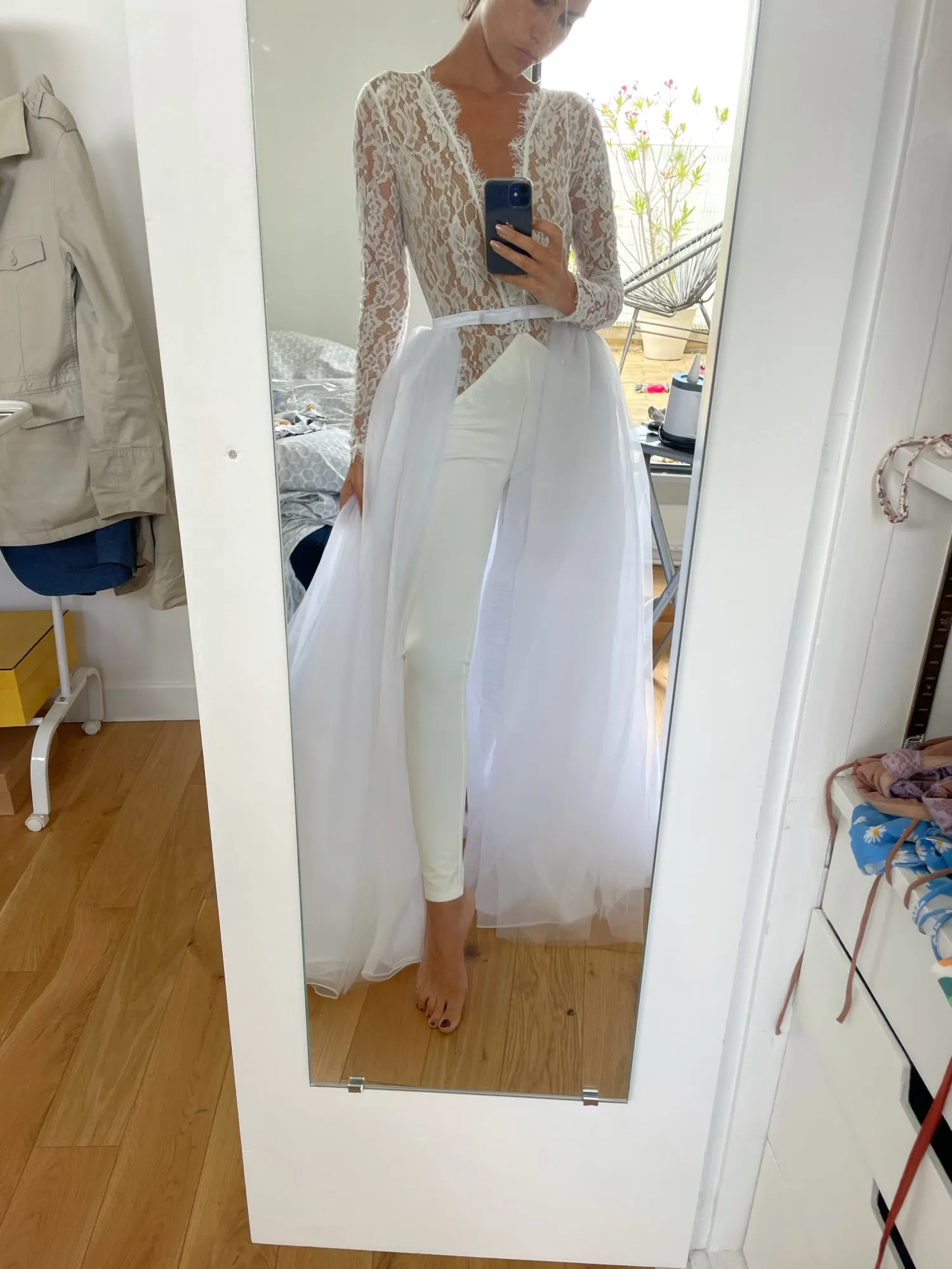 Detachable Skirt for Wedding Gowns Petticoat Four Layers Tulle Front Slit Removable Court Train for Bridal Dress Jumpsuits A Line Skirts