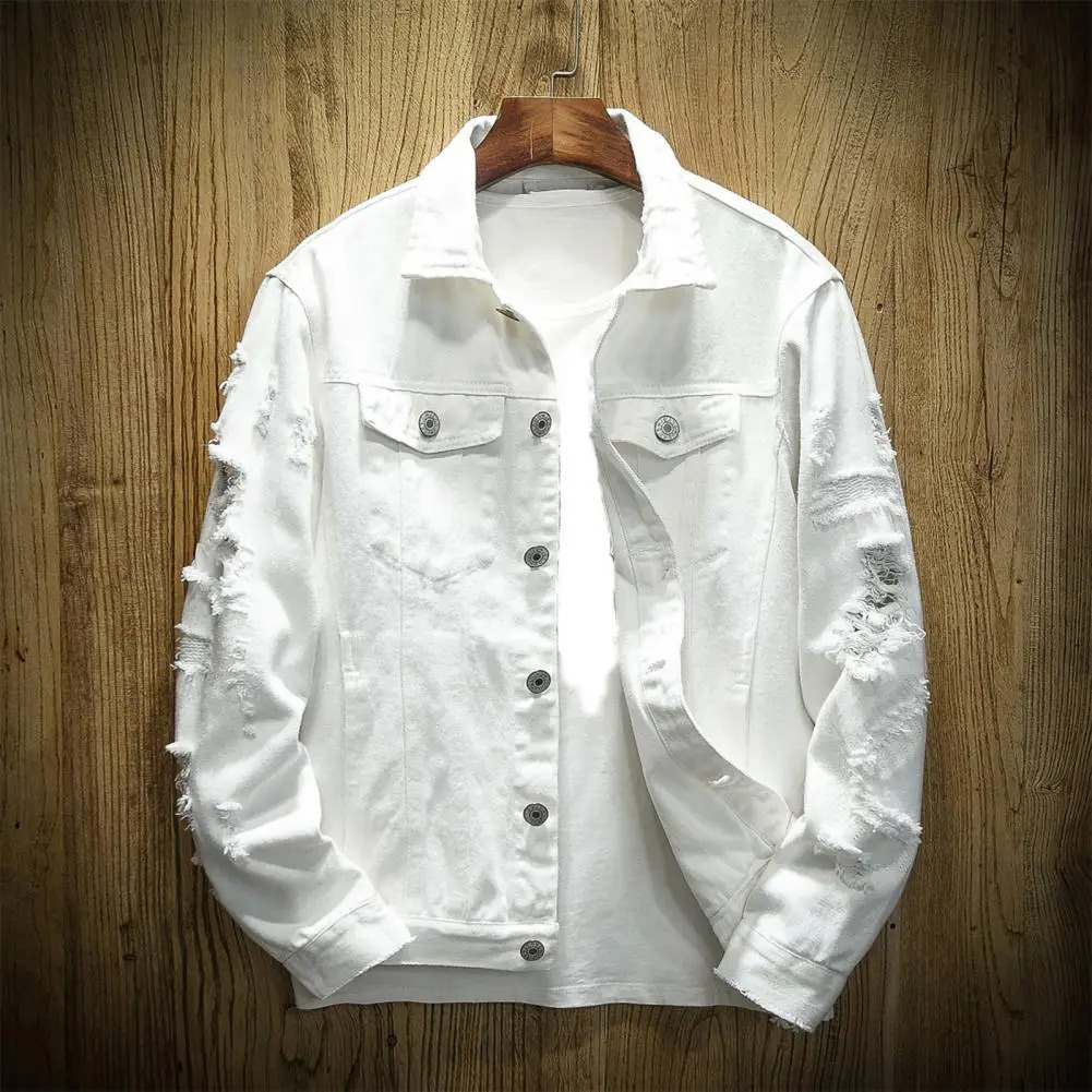 Men Jean Jacket Men Jacket Ripped Hole Daily Wear Male Single Breasted Pockets Jacket 240113