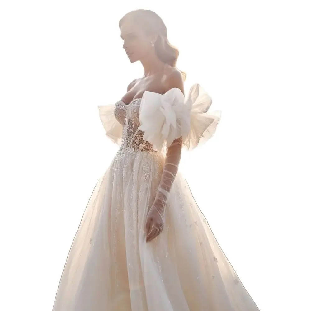Elegant Off The Shoulder A Line Wedding Dress Arabic Puffy Tulle Lace Bridal Gowns Floor Length Robe De Soiree