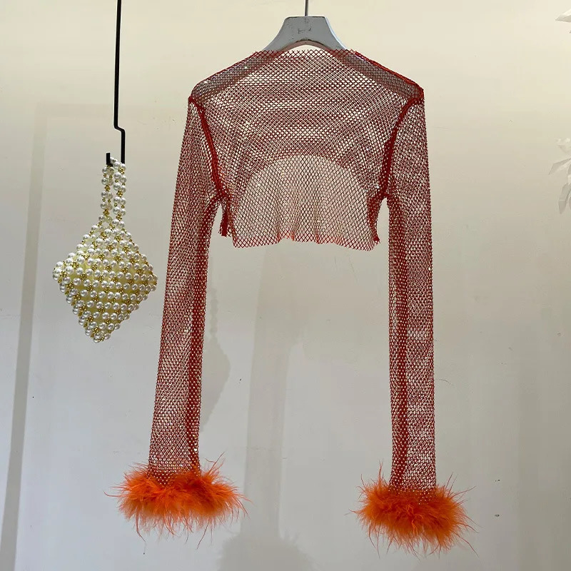 Glitter Rhinestone Women's T-Shirt Long Sleeve Feather Fur Fishnet Hollow Out Festival Rave Party Sexy Clubwear Crop Tops Tee 240112