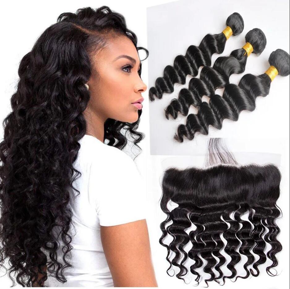 Brazilian Loose Deep Wave Human Virgin Hair 3 Bundles With 13X4 Transparent Lace Frontal To Ear Full Head Natural Color