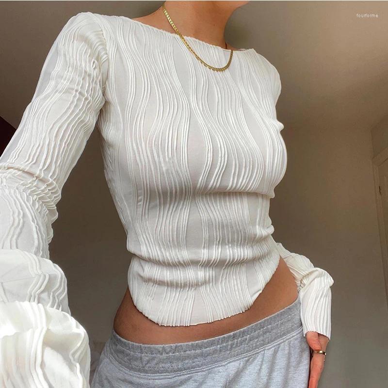 Womens T Shirts Spring Autumn Ruched Long Sleeve Women Casual White Skinny Black Basic Tee Fashion Street Crop Top Y2K Clothes T-shirt