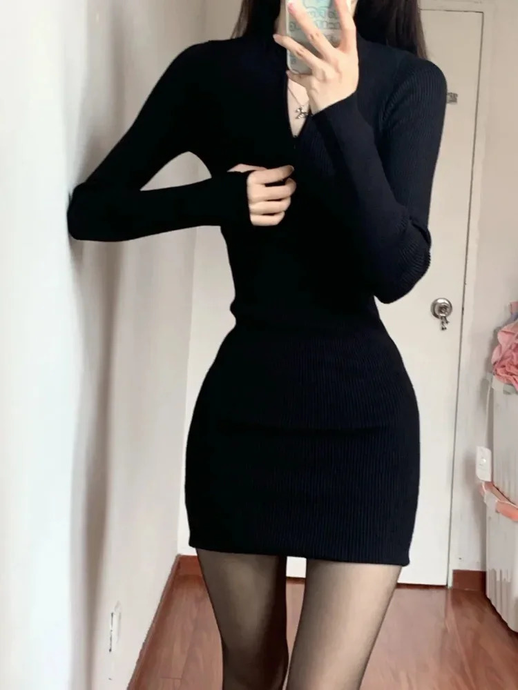 QWEEK Black Bodycon Knitted Dress Women Sexy Wrap Slim Short Dresses Autumn Fall Solid Outfits Robes Femlae 240112
