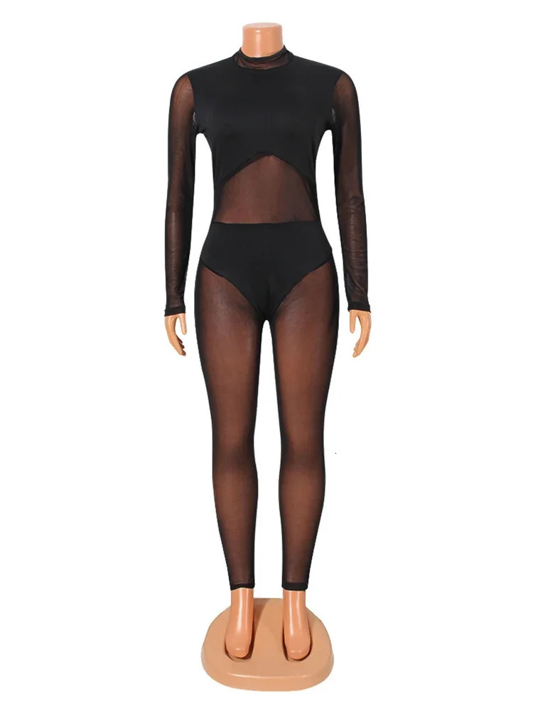 Sexy Jumpsuit Women Transparent Black Jumpsuits Elastic Mesh Bodysuits Summer See Through Night Club Outfit 240112