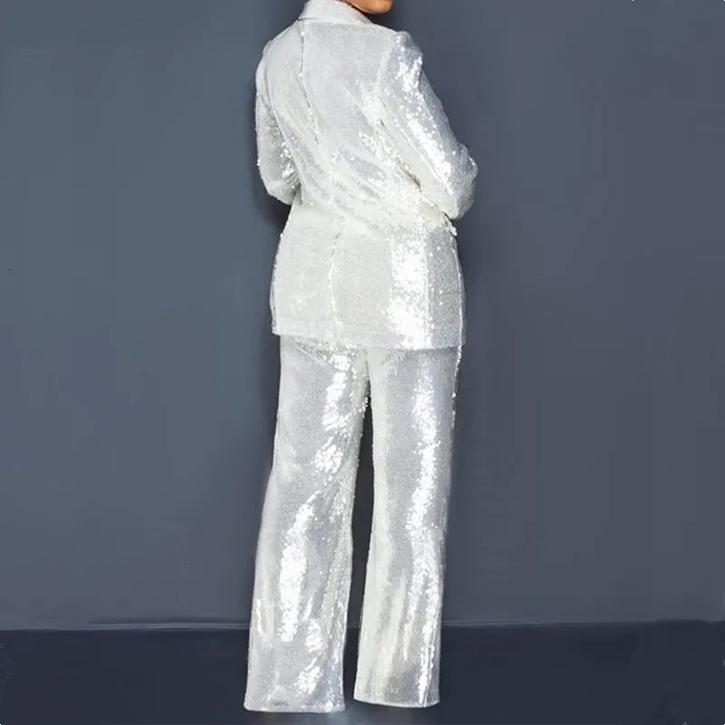Fashion Solid Women 2 Pieces Sets Blazer Pant Suits Spring Long Sleeve Sequins Coat High Waist Wide Leg Pants Female 240112