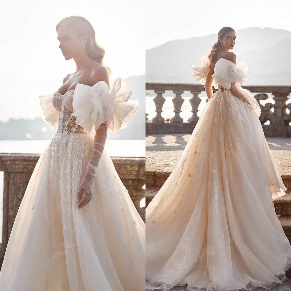 Elegant Off The Shoulder A Line Wedding Dress Arabic Puffy Tulle Lace Bridal Gowns Floor Length Robe De Soiree