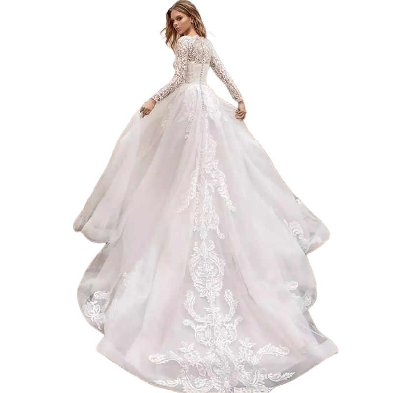 Ivory Tulle Long Sleeves Princess Wedding Dress A Line Gorgeous Bridal Gowns Lace Appliques Crew Neck Dubai Modest Chapel Bride Dresses Custom Made