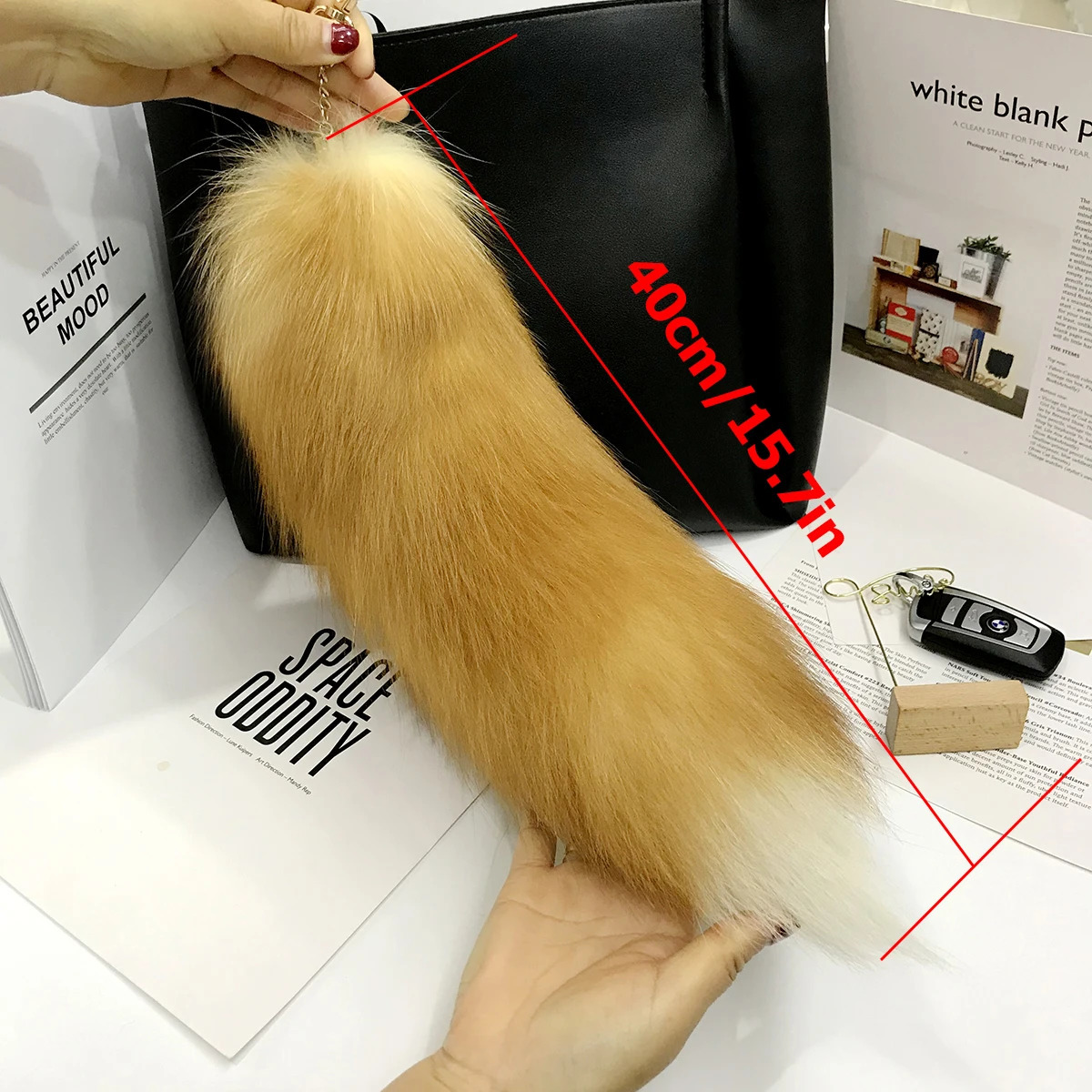 Fox Tail Pendants Keychain 40cm Fur Pom Key Chain Charm Bag Car Key Ring Gift Jewelry 240112
