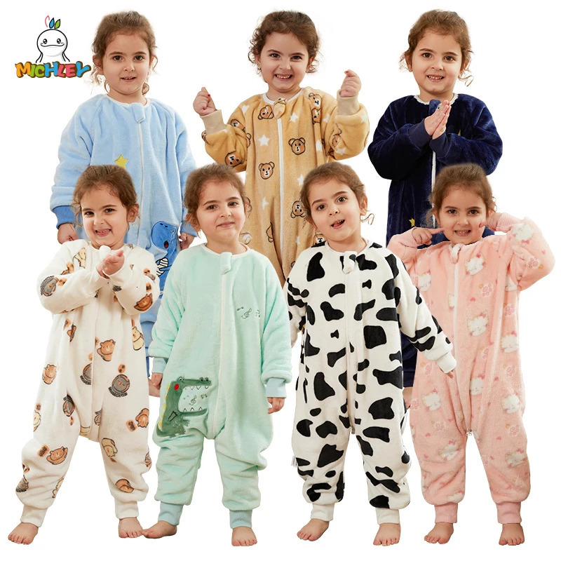 MICHLEY Cute Cow Flannel Baby Kids Sleeping Bag Winter Long Sleeve Wearable Blanket Warm Sleepsack Pajamas For Boys Girls 1-6T 240112