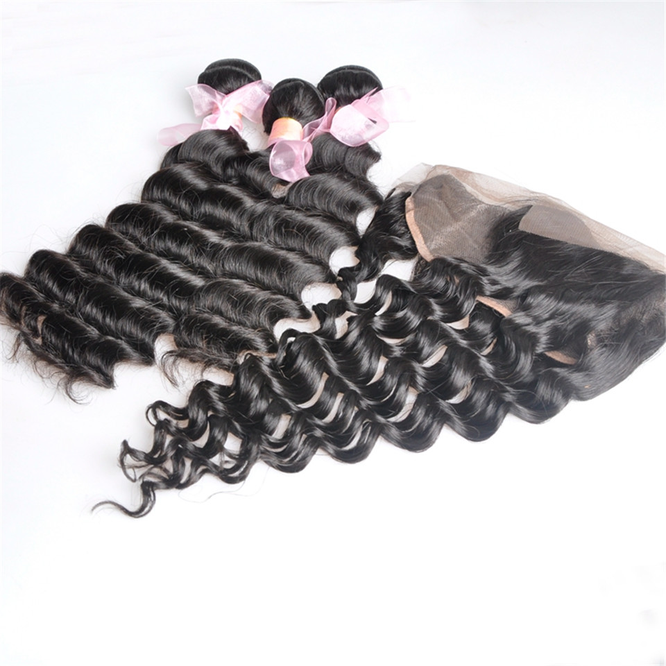 Brazilian Loose Deep Wave Human Virgin Hair 3 Bundles With 13X4 Transparent Lace Frontal To Ear Full Head Natural Color