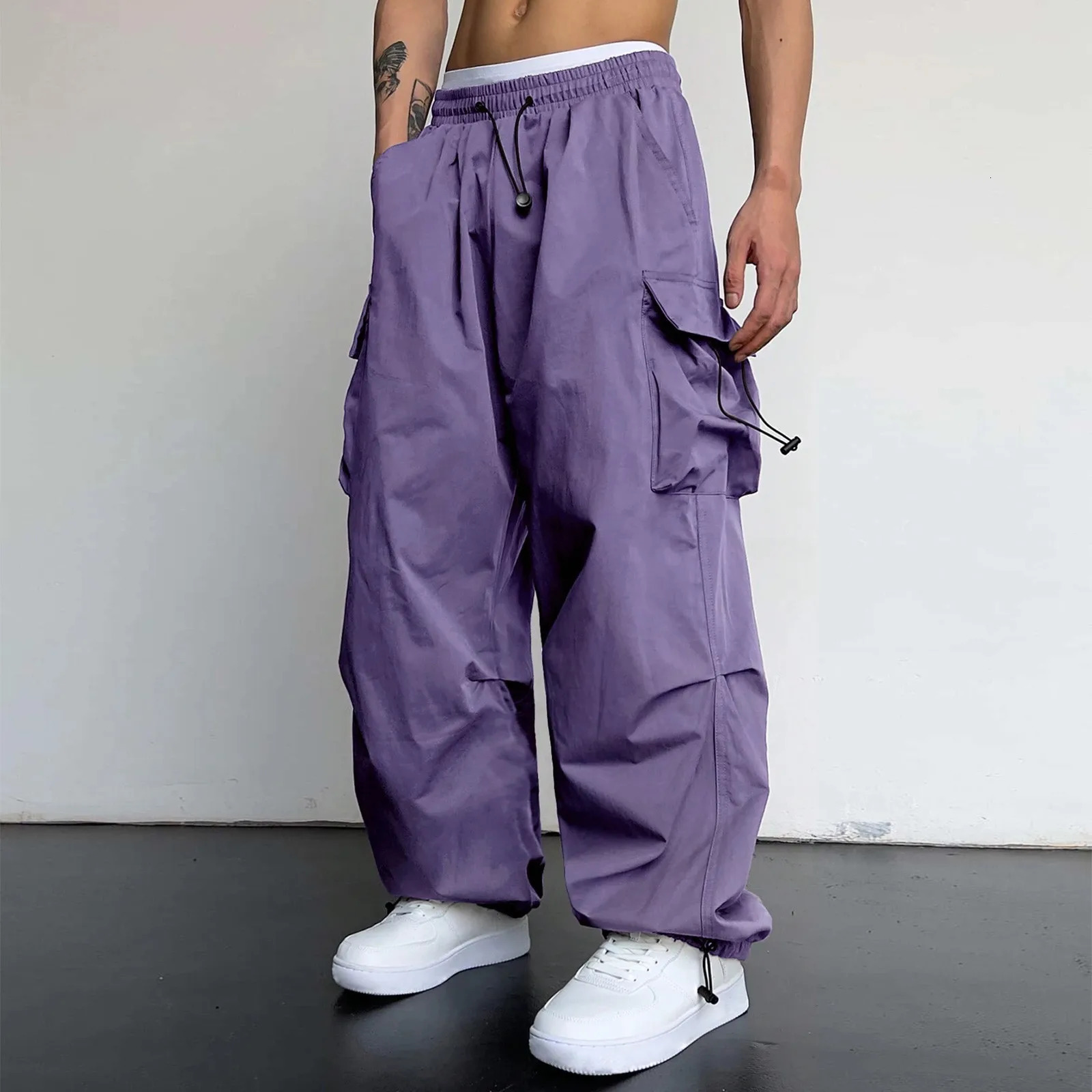 Harajuku Oversized Cargo Parachute Pants Men Streetwear Vintage Y2k Hip Hop Wide Leg Joggers Baggy Casual Sweatpants Techwear 240112