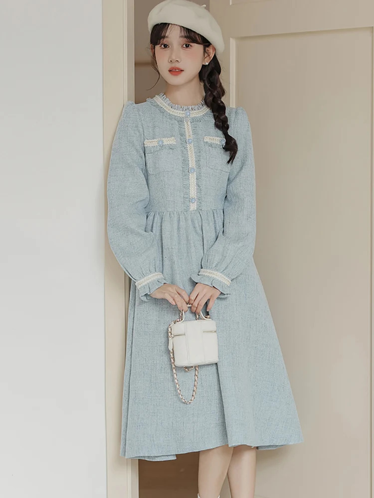 Autumn Winter Blue Tweed Long Sleeve Chic Ruffled Collar Dress Women Elegant Casual Home Dress Korean Fashion Bodycon Dress 240112