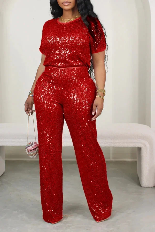 Women Casual Sequin 2 Piece Set Solid Shinny Two Piece Outfit O Neck Short Sleeve T Shirt Tops Wide Leg Pants Suit Women Sets 240113