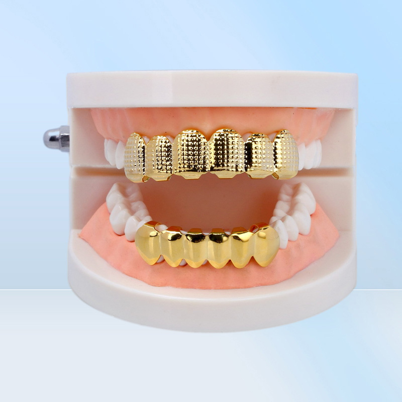 New 18K Real Gold Plated Punk Hip Hop Teeth Grillz Dental Mouth Fang Grills Up Bottom Tooth Cap Cosplay Party Rapper Jewelry Gifts3768235