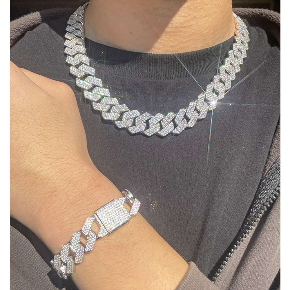 Fashion Design 15mm 18mm Wide 3rows Moissanite Diamond Silver Cuban Link Necklace/bracelet Chain for Rapper Hiphop Jewelry