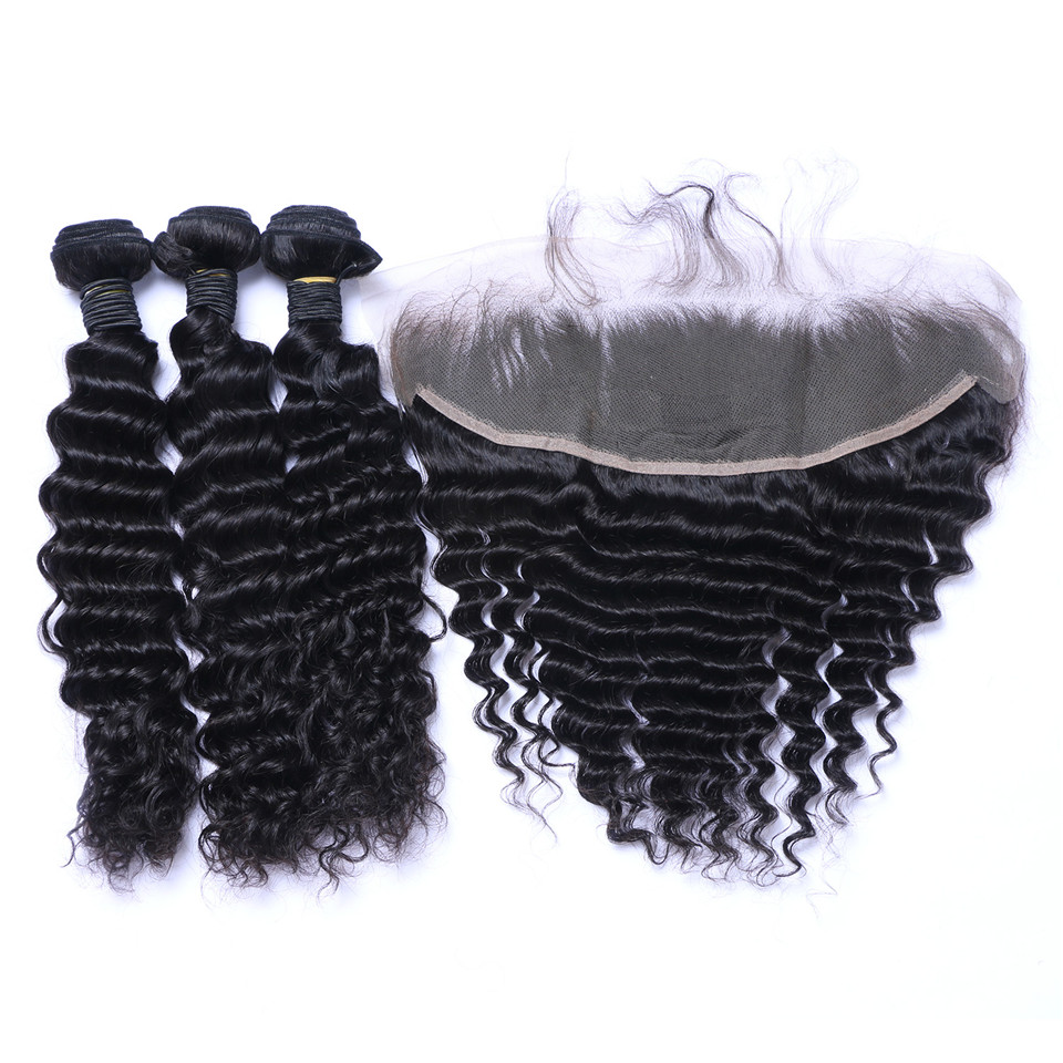 Brazilian Deep Wave Human Virgin Hair 3 Bundles With 13X4 Transparent Lace Frontal To Ear Full Head Natural Color
