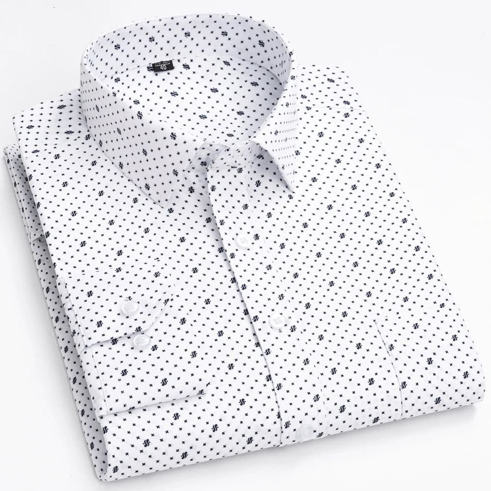 Men's Classic Long Sleeve Print/striped Basic Dress Shirts Single Patch Pocket 65% Cotton Business Standard-fit Office Shirt 240112