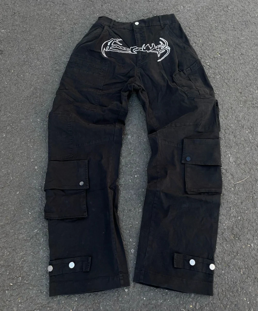 Y2k Jeans Harajuku Hip Hop Retro Black Multi Pocket Cargo Pants Man Punk Gothic Baggy Wide Leg Trousers Streetwear 240113