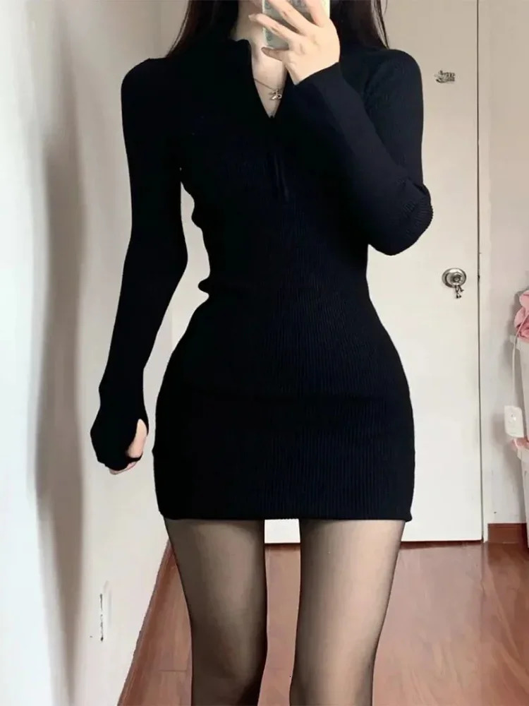 QWEEK Black Bodycon Knitted Dress Women Sexy Wrap Slim Short Dresses Autumn Fall Solid Outfits Robes Femlae 240112