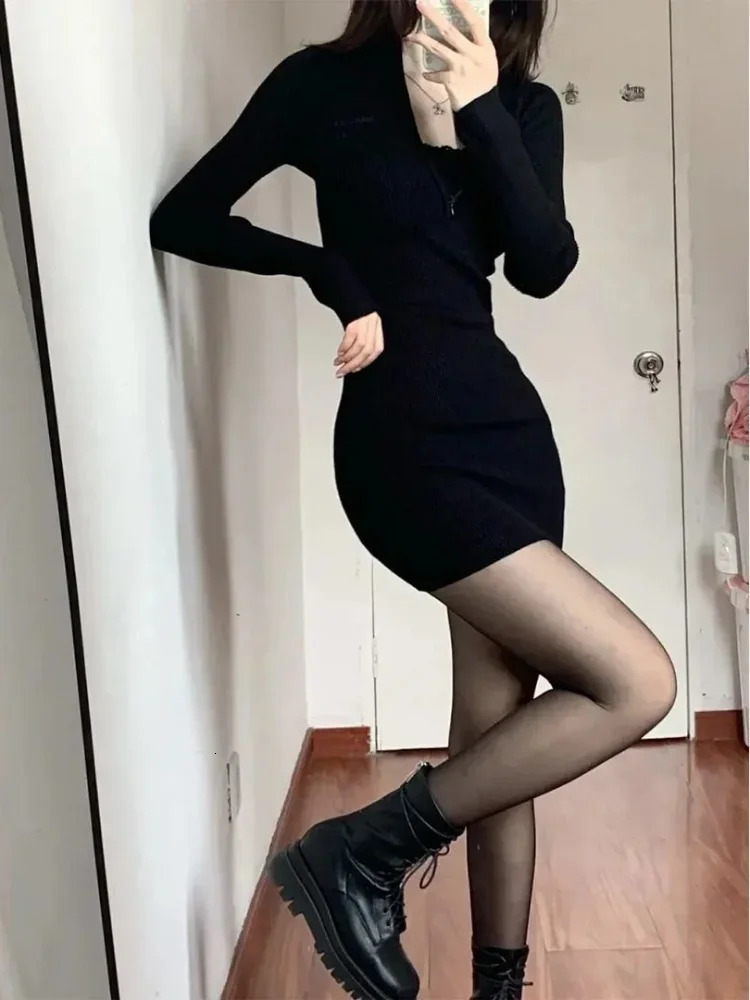 QWEEK Black Bodycon Knitted Dress Women Sexy Wrap Slim Short Dresses Autumn Fall Solid Outfits Robes Femlae 240112