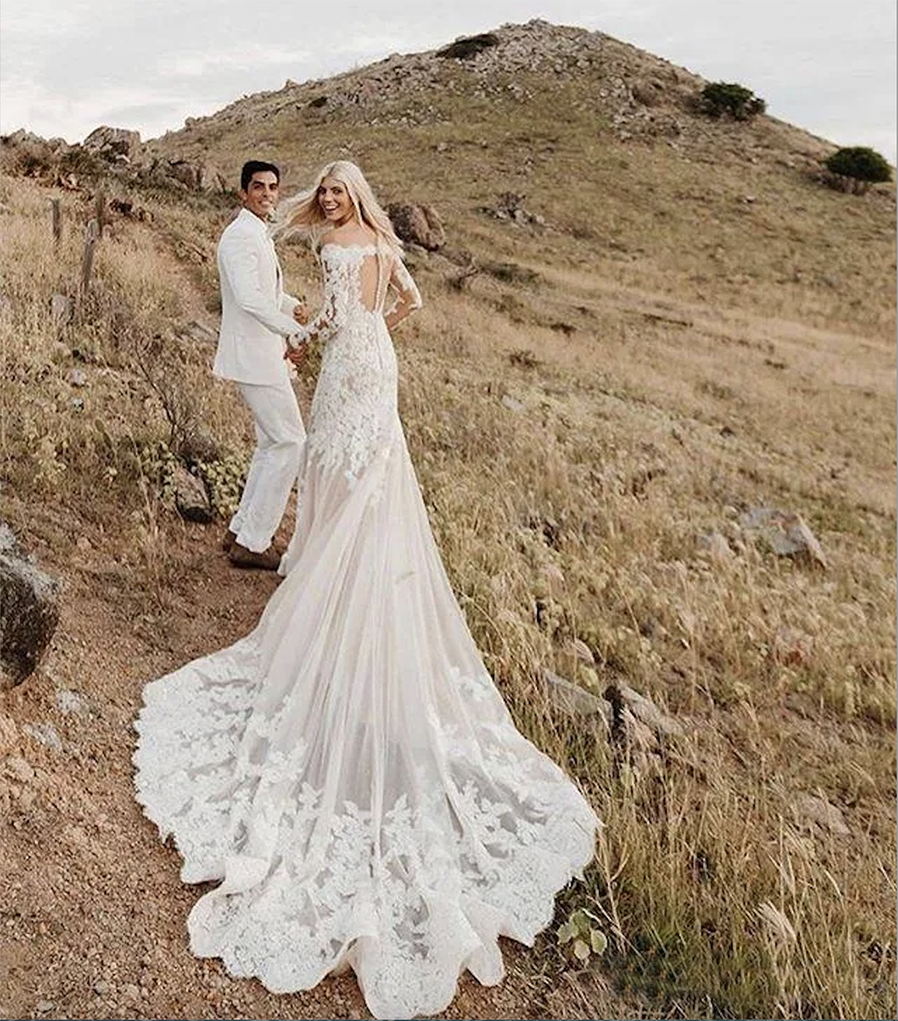 Modese Full Lace Mermaid Dresses Off Shoulder Long Sleeve Tulle Sweep Train Applique Beads Bridal Gowns Wedding Dress vestidos 0509