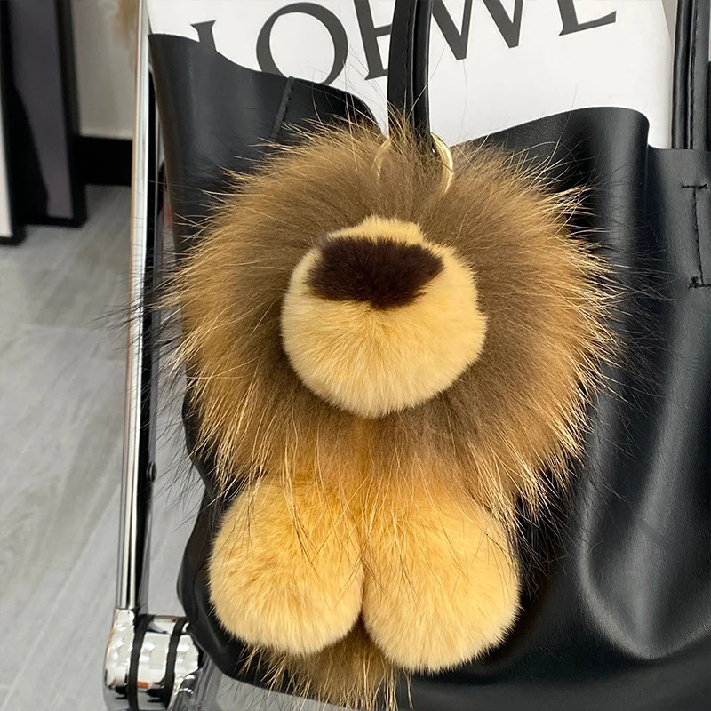 Animal Plush Keychain, Fluffy Keychain: Real Rex Rabbit Fur Simba Lion Bag Charm, Car Key Ring Ornaments, Kids Birthday Gift TUES
