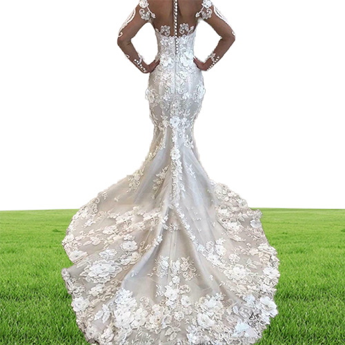Vintage 3D Flowers Mermaid Wedding Dresses With Detachable Train Luxury Long Sleeves Lace Appliques Plus Size Plus Size Afric