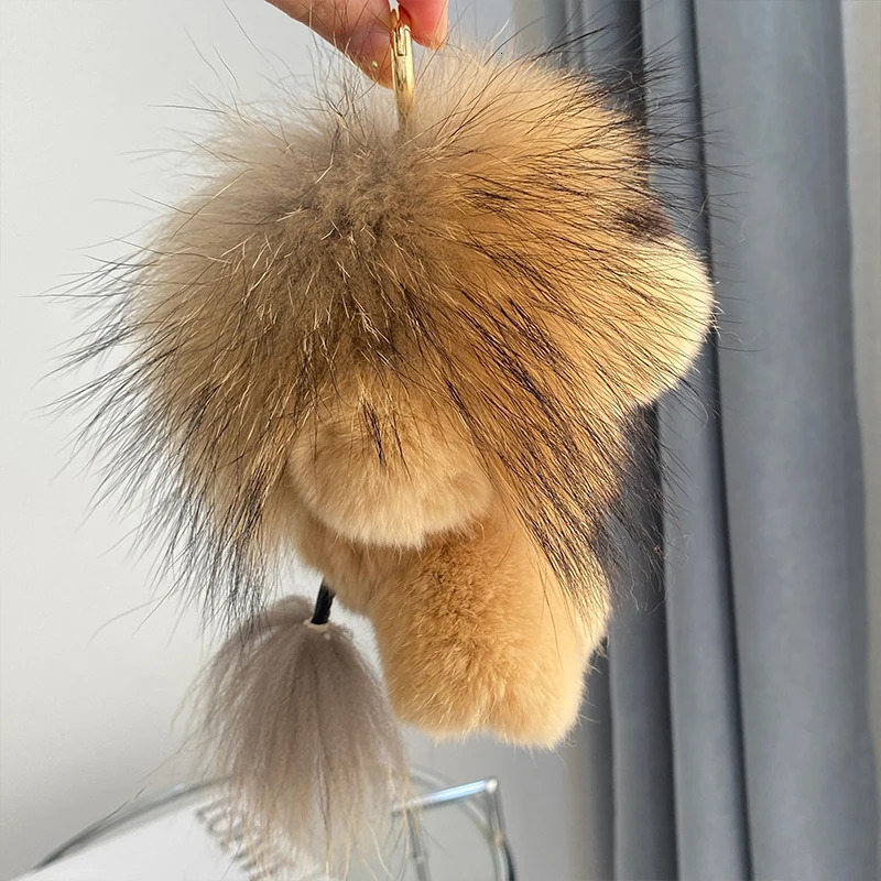 Animal Plush Keychain, Fluffy Keychain: Real Rex Rabbit Fur Simba Lion Bag Charm, Car Key Ring Ornaments, Kids Birthday Gift TUES