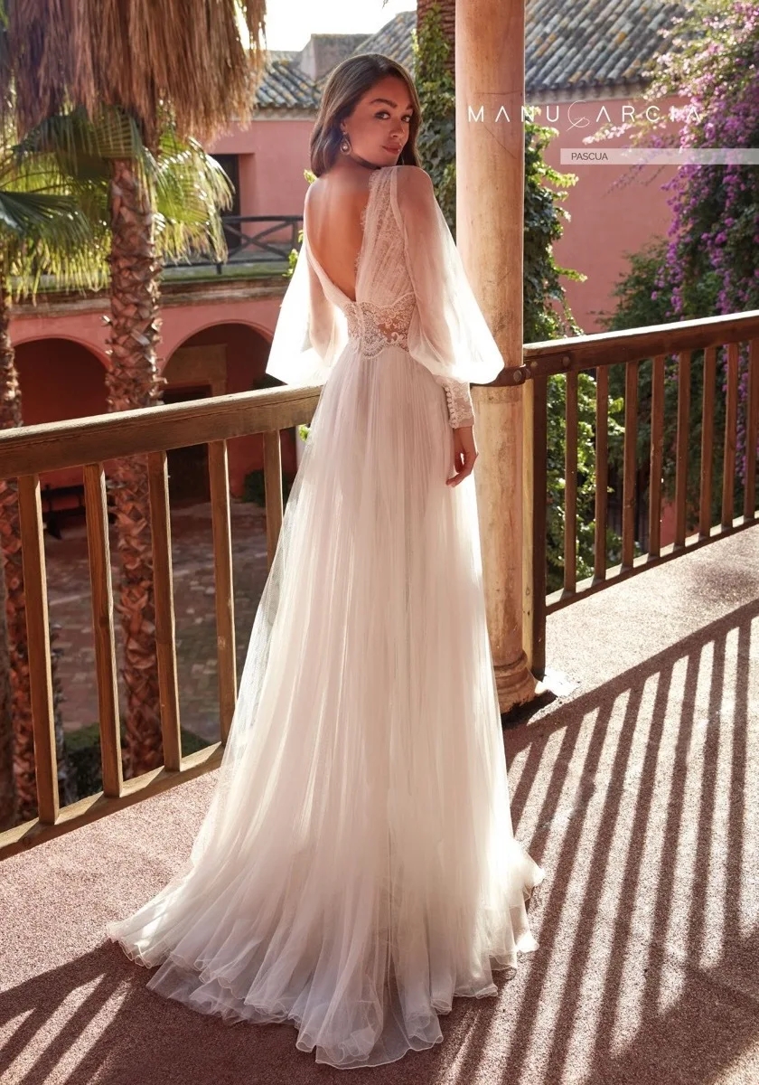 Simple Wedding Dress 2024 Boho Elegant A-Line Deep V-Neck Backless Lace Tulle Long Puffy Sleeve Robe De Mariee Sexy Bridal Gown Bride