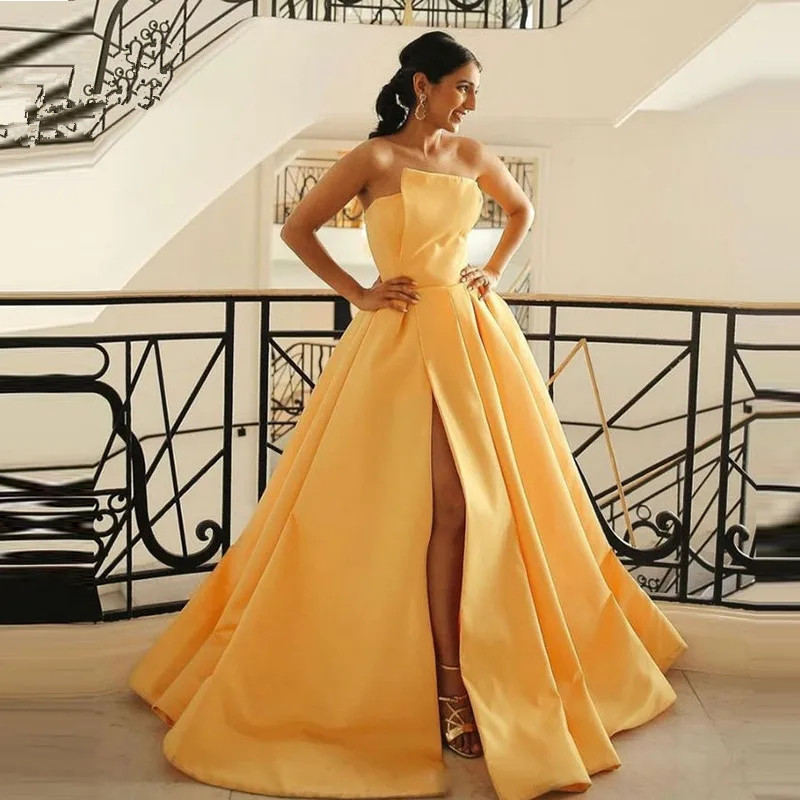 Yellow Simple Satin Long Prom Dresses Sexy Side Split Dress A-E Sleeveless Evening Formal Gowns YD Lz0304