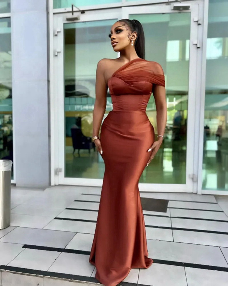 Brown Bridesmaid Mermaid One Shoulder Tulle Elastic Satin Maid Of Honor Dresses Simple Style Elegant Wedding Guests Gowns Bc18518