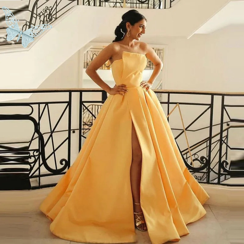 Yellow Simple Satin Long Prom Dresses Sexy Side Split Dress A-E Sleeveless Evening Formal Gowns YD Lz0304