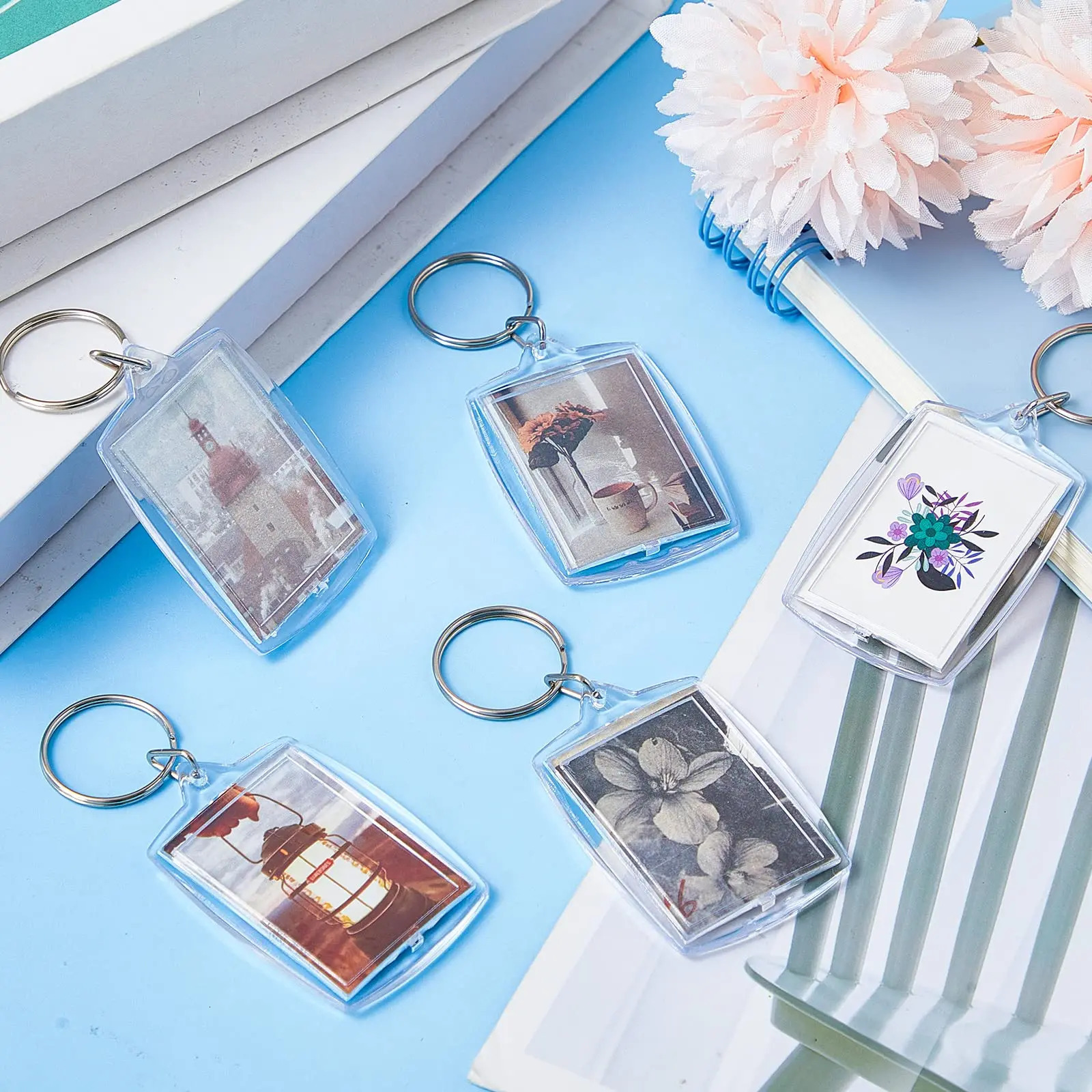 30pcs Rectangle Transparent Blank Clear Acrylic Insert Po Picture Frame Keyring Keychain DIY Split Ring Key Chain Gifts 240112