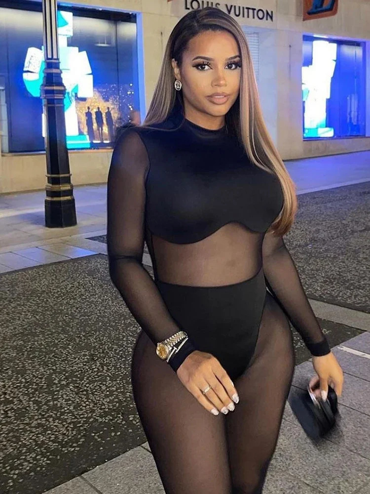 Sexy Jumpsuit Women Transparent Black Jumpsuits Elastic Mesh Bodysuits Summer See Through Night Club Outfit 240112