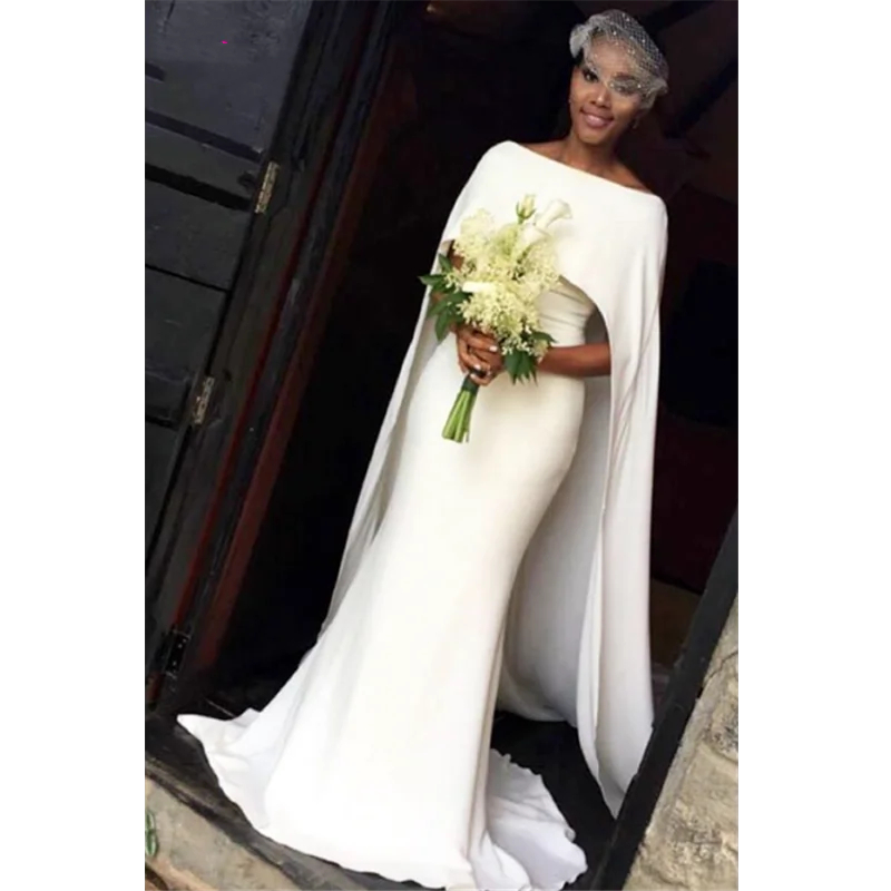 Simple Satin Mermaid Wedding Dresses With Cape Elegant Bateau Neck Long Bridal Gowns Court Train Arabic White Bride Reception Dress