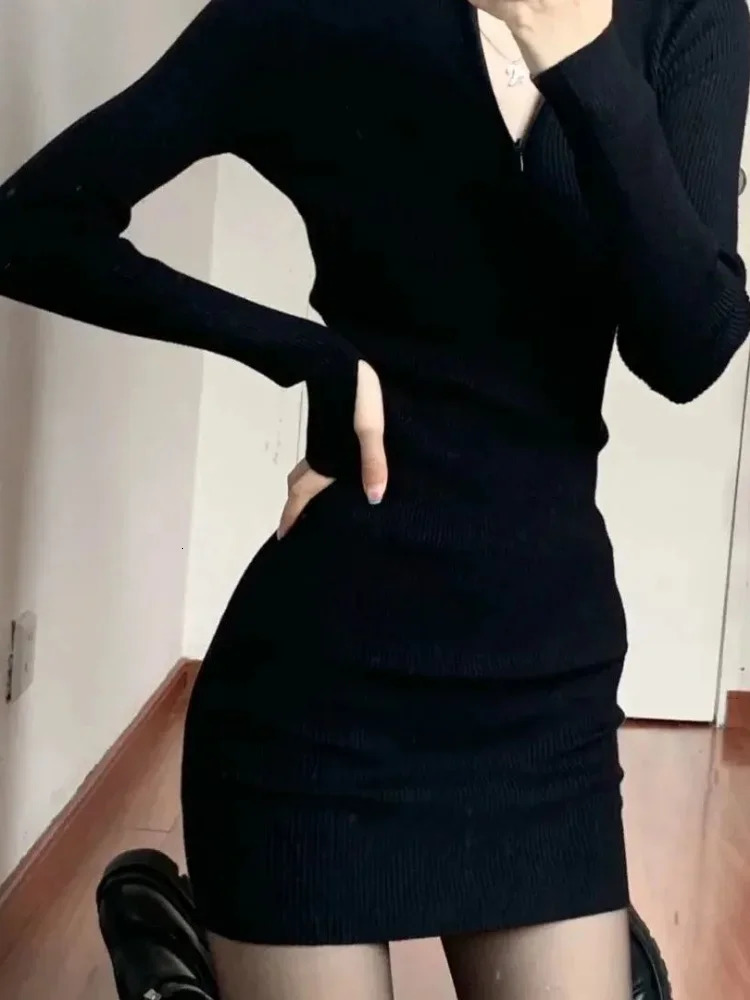 QWEEK Black Bodycon Knitted Dress Women Sexy Wrap Slim Short Dresses Autumn Fall Solid Outfits Robes Femlae 240112