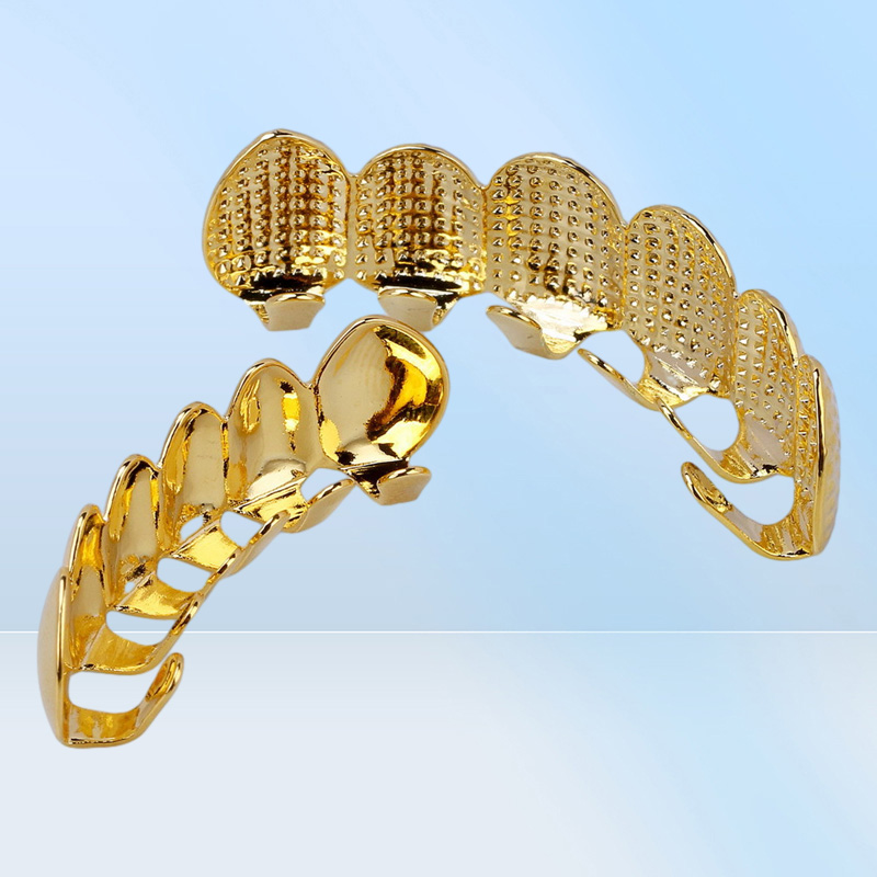 New 18K Real Gold Plated Punk Hip Hop Teeth Grillz Dental Mouth Fang Grills Up Bottom Tooth Cap Cosplay Party Rapper Jewelry Gifts3768235