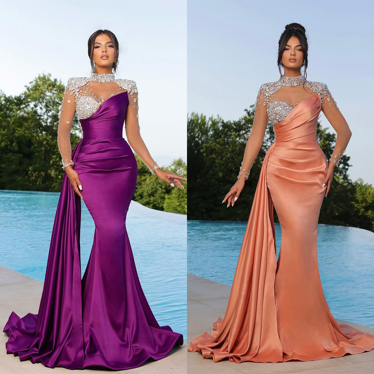 Vintage Mermaid Evening Dresses Sheer High Neck Long Sleeves Gowns Crystal Ruffle Slim Fit Sweep Train Dress For Party Custom Made