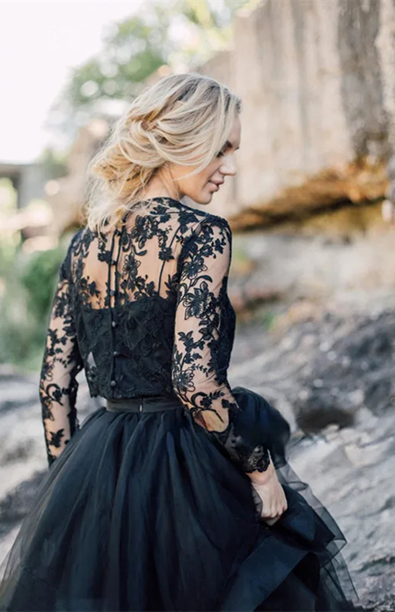 Line Gothic Black A Wedding Dresses Sweep Train Lace Long Sleeves Beach Bridal Gowns Two Pieces Country Bride Dress Custom Made