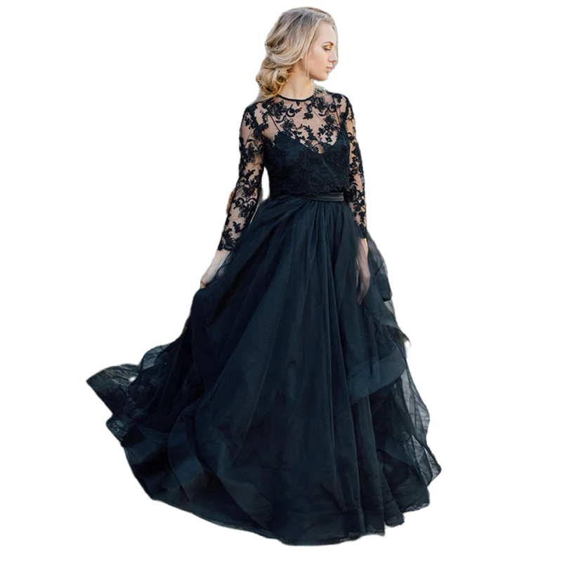 Line Gothic Black A Wedding Dresses Sweep Train Lace Long Sleeves Beach Bridal Gowns Two Pieces Country Bride Dress Custom Made