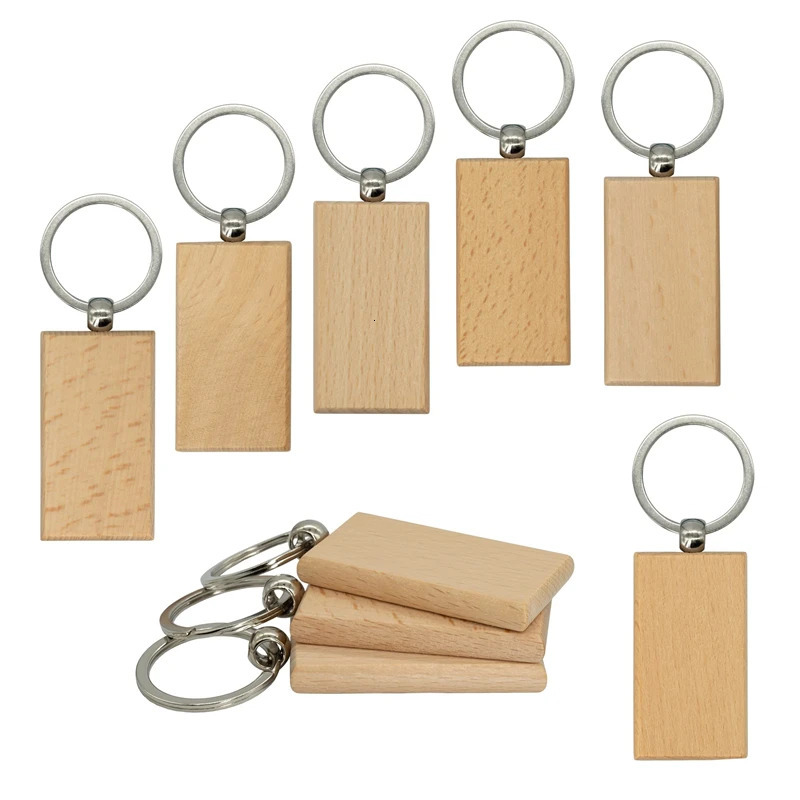 100Pcs Blank Rectangle Wooden Key Chain Diy Wood Keychains Key Tags Can Engrave Diy Gifts 240112