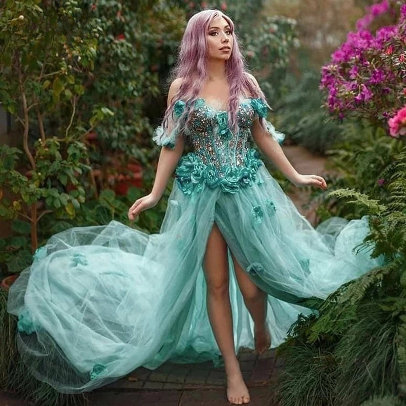 Off-Shoulder Green Appliques Beaded Side Split Fairy Prom Dresses Exquisite Flower Long Evening Party Gowns Photoshoot Dress Vestidos De Novia
