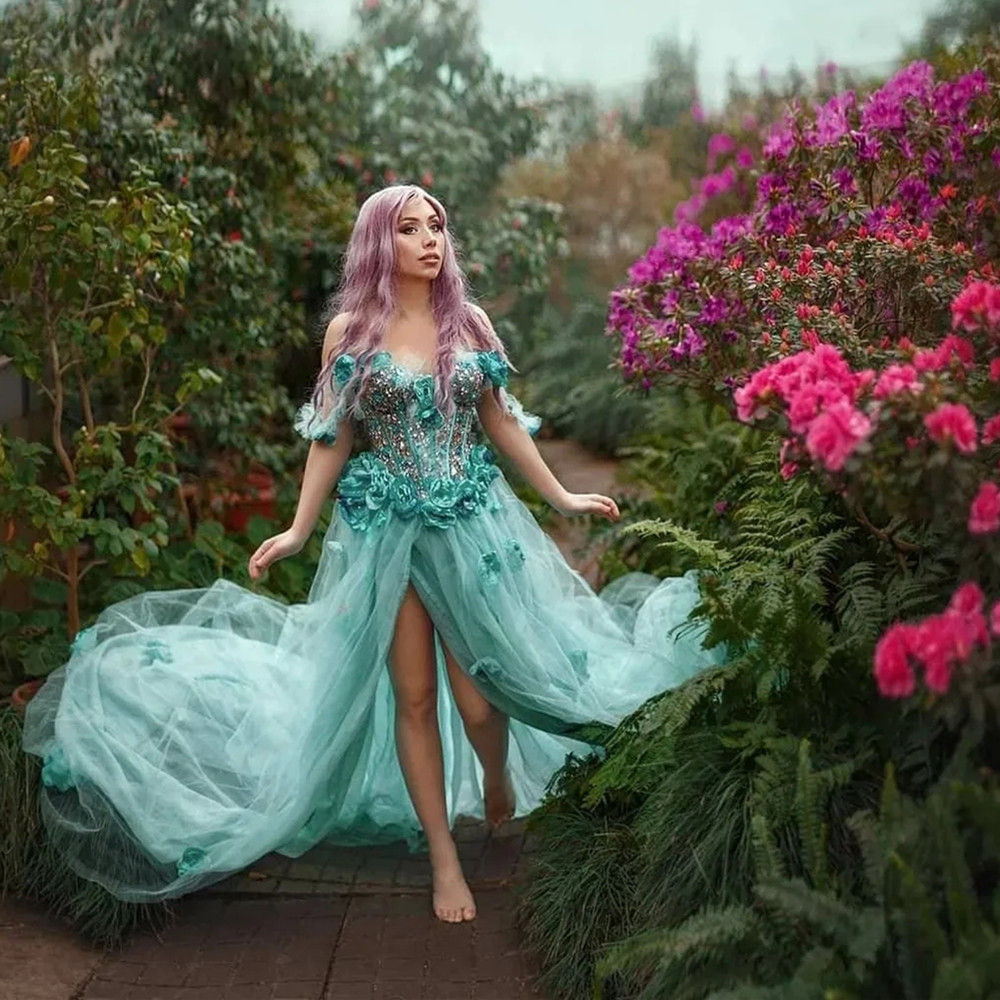 Off-Shoulder Green Appliques Beaded Side Split Fairy Prom Dresses Exquisite Flower Long Evening Party Gowns Photoshoot Dress Vestidos De Novia