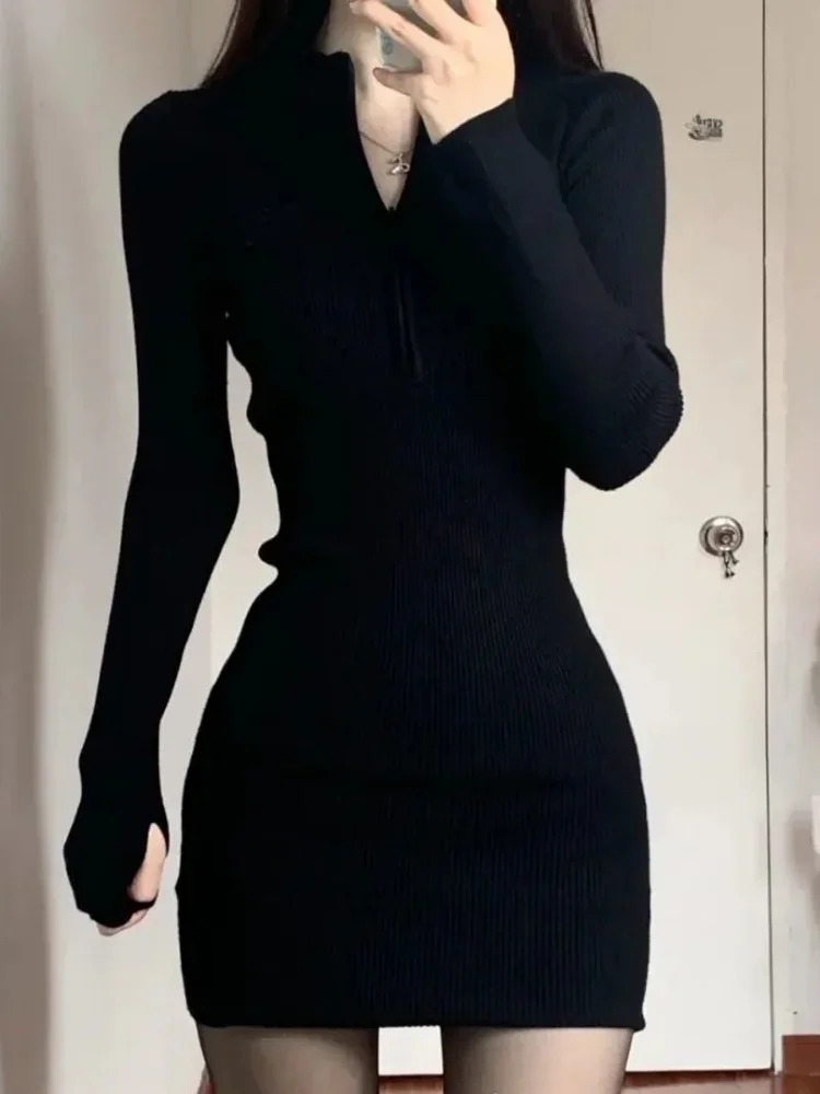 QWEEK Black Bodycon Knitted Dress Women Sexy Wrap Slim Short Dresses Autumn Fall Solid Outfits Robes Femlae 240112