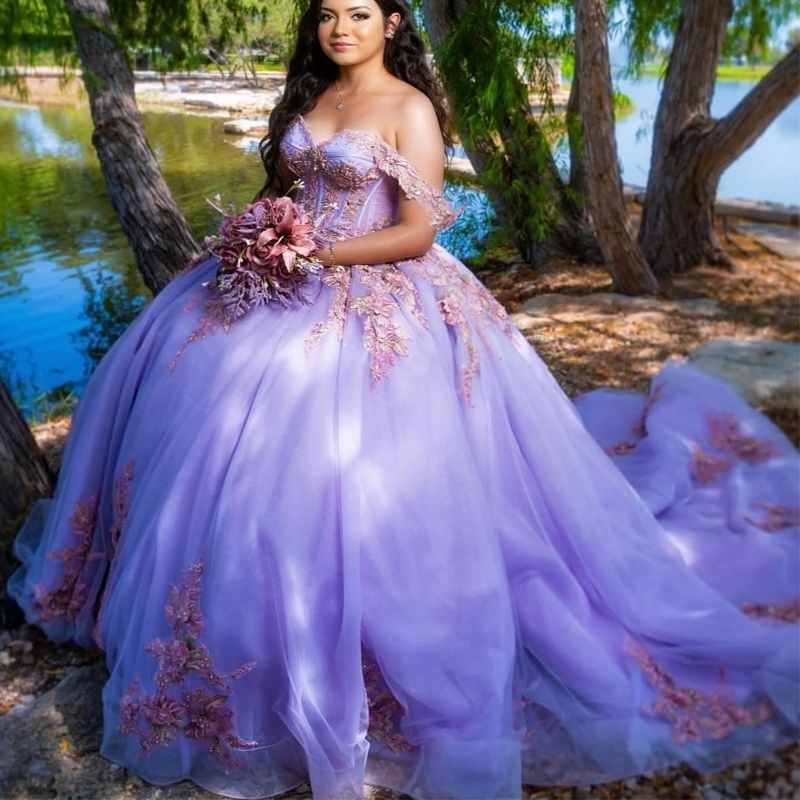 Mexican Lavender Off The Shoulder Ball Gown Quinceanera 2024 Beaded Lace Appliques Lace-up Birthday Gowns Sweet 16 Dress