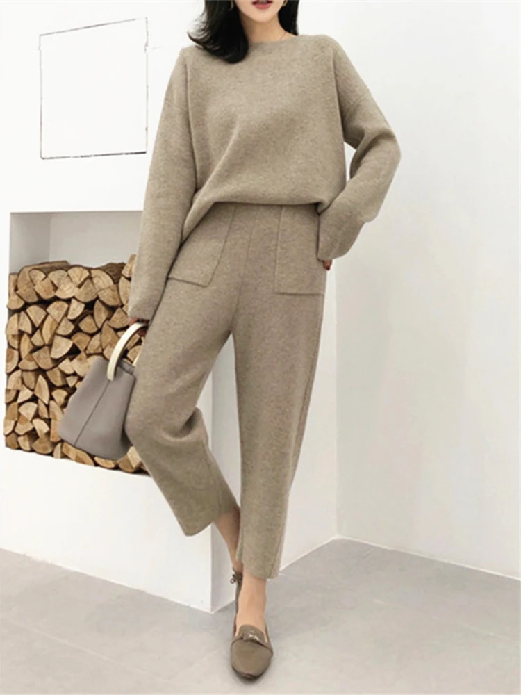 2 Pieces Women's Sets Warm Knitted Tracksuit Autumn Winter O-Neck Sweater and Casual Harme Pants Pullover Suits 240113