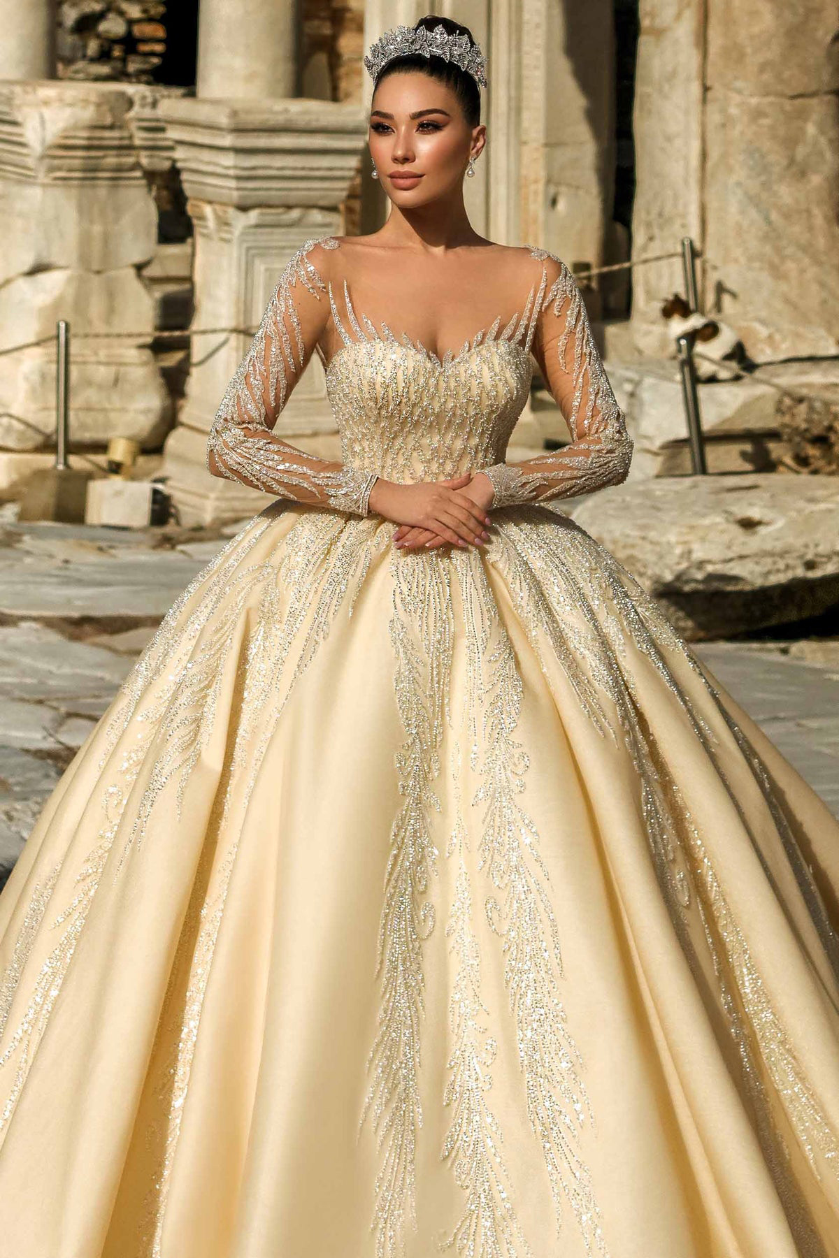 Modern Shine A-Line Wedding Dress Sexy Sequin V-Neck Long Sleeve Ball Gown Plus Size Sweep Train Bridal Gowns Dress Vestido De Novia Size Color Custom