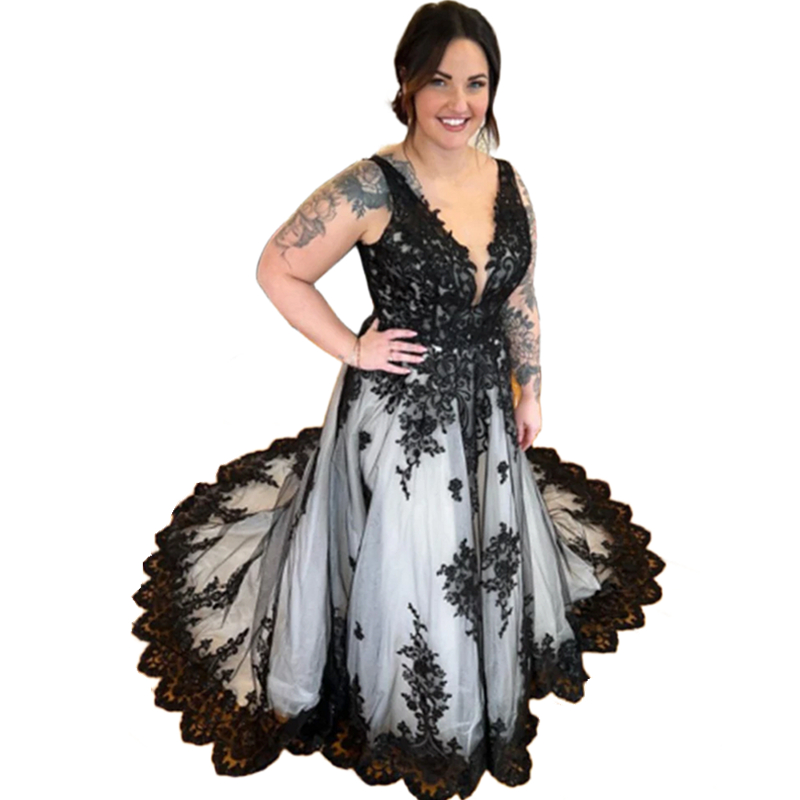 Black And White A Line Wedding Dresses Lace Appliques Long Gothic Bridal Gowns Sleeveless V-Neck Backless Plus Size Bride Dress Custom Made 2024