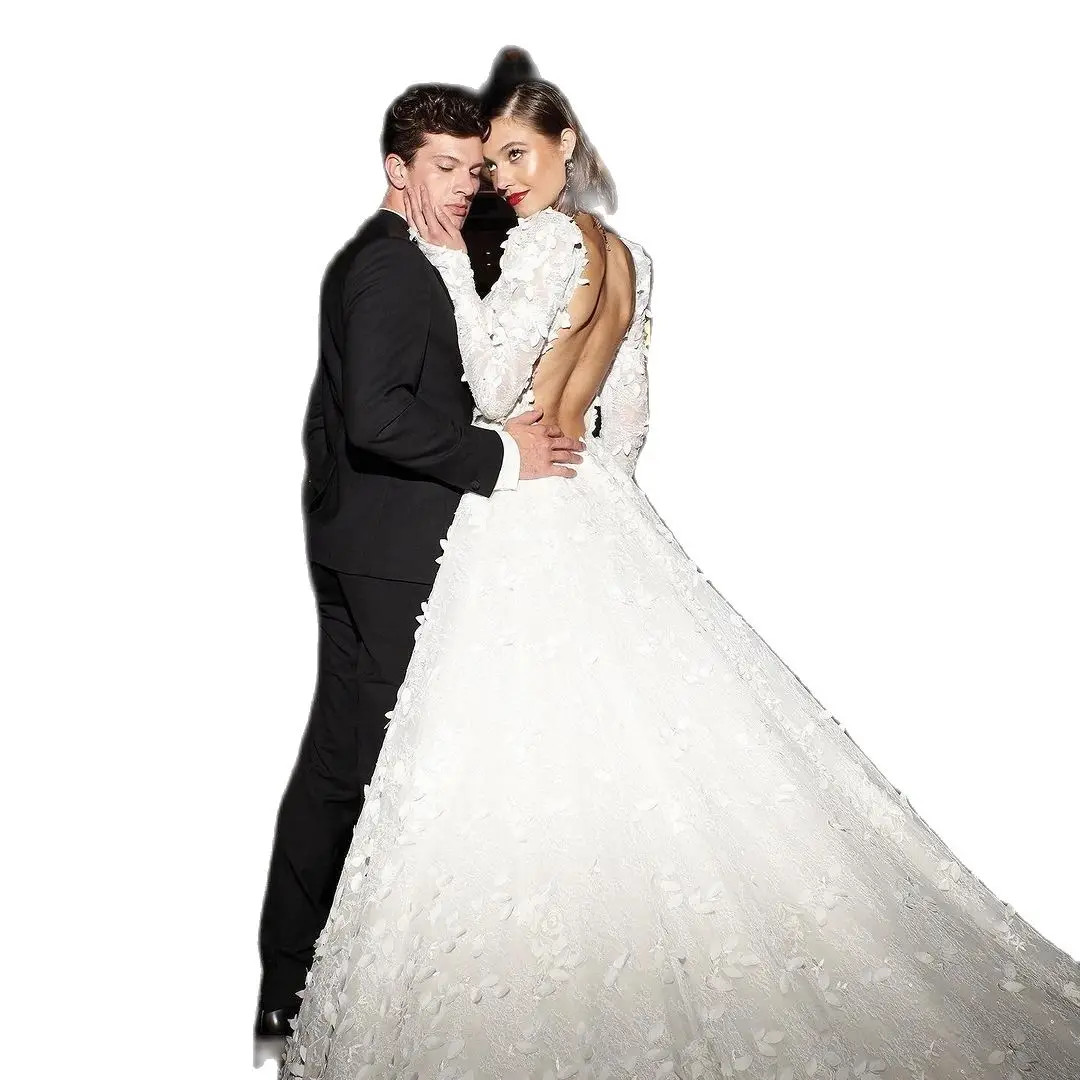 Simple Lace A Line Wedding Dress Sexy Applique Backless Saudi Arabic Full Sleeve Bridal Gown Custom Made